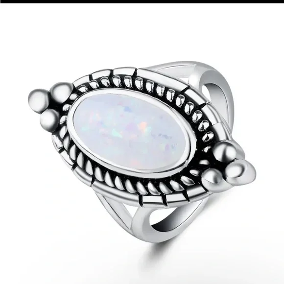 New Delicate Oval Ring White Gold Bohemian 925 Silver Retro Flower Opal Ring - Picture 2 of 8